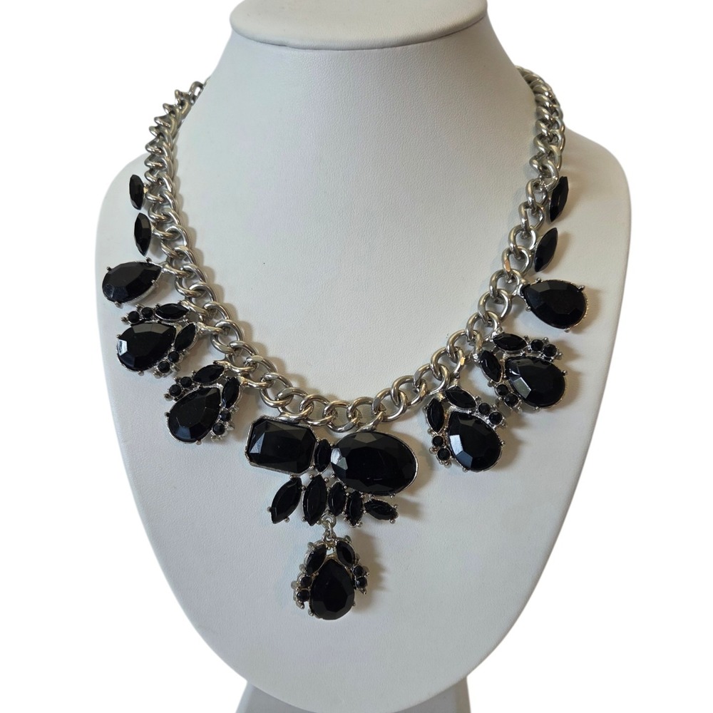 Asymetrical Teardrop Beaded Bib Necklace Art Deco Goth Glam Chunky Statement 18"